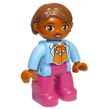 duplo figure lego ville female magenta legs medium blue top with necklace dark orange head reddish brown hair oval eyes