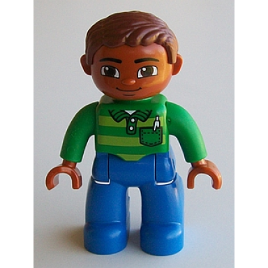 duplo figure lego ville male blue legs green top with pen reddish brown hair