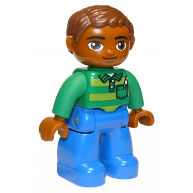 duplo figure lego ville male blue legs green top with pen reddish brown hair oval eyes