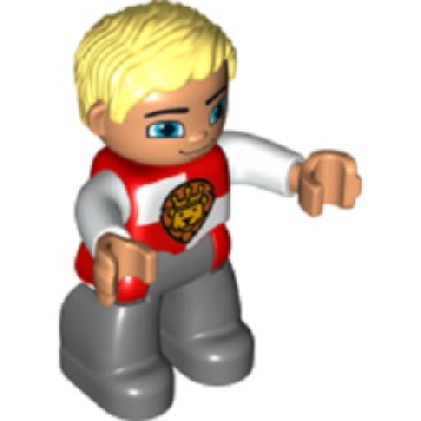 duplo figure lego ville male castle dark bluish gray legs red and white chest with lion on shield bright light yellow hair blue eyes