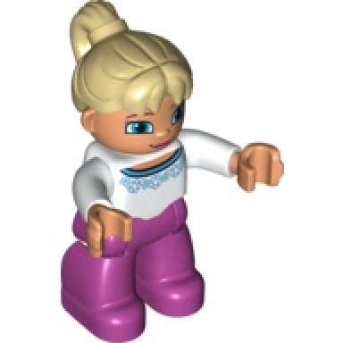 duplo figure lego ville female magenta legs white sweater with blue flowers pattern tan ponytail hair blue eyes