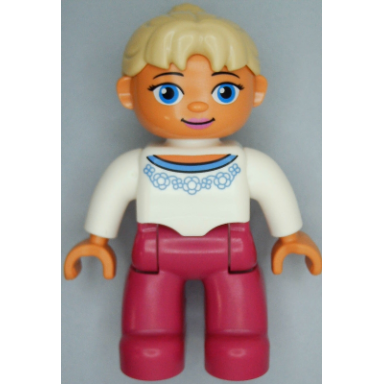 duplo figure lego ville female magenta legs white sweater with blue flowers pattern tan ponytail hair blue eyes oval eyes