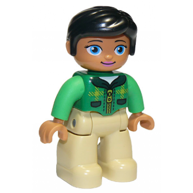 duplo figure lego ville female tan legs green top with tartan plaid and zipper bright green arms black hair oval eyes 6183830 6203756 6273383