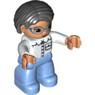duplo figure lego ville female medium blue legs white top with pocket white arms blue glasses black hair