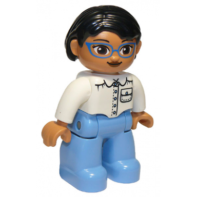 duplo figure lego ville female medium blue legs white top with pocket white arms blue glasses black hair oval eyes