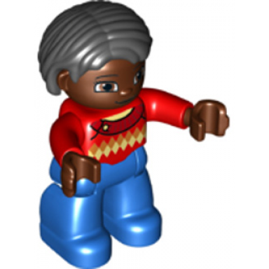 duplo figure lego ville female blue legs red argyle sweater red arms brown head black hair