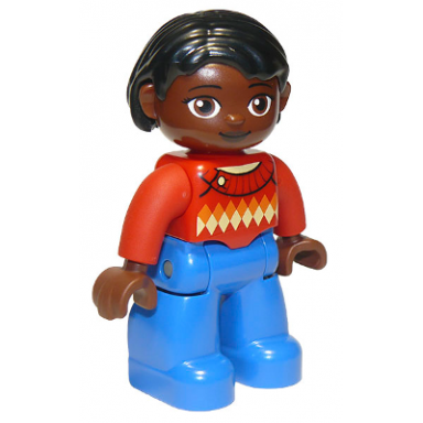 duplo figure lego ville female blue legs red argyle sweater red arms brown head black hair oval eyes