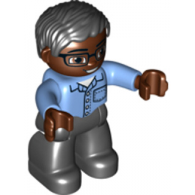 duplo figure lego ville male black legs medium blue shirt with pocket medium blue arms brown head glasses black hair
