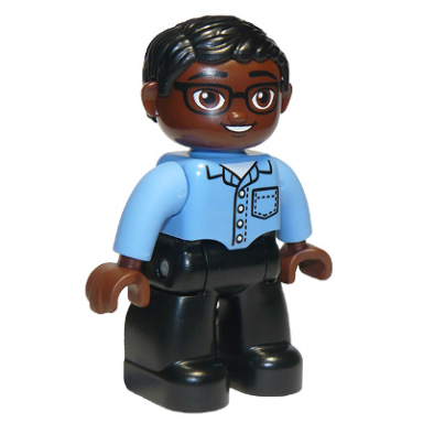duplo figure lego ville male black legs medium blue shirt with pocket medium blue arms brown head glasses black hair oval eyes