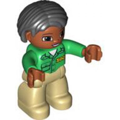 duplo figure lego ville female tan legs green top with zoo on front brown head black hair brown eyes