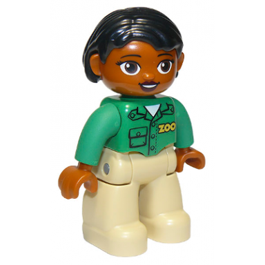 duplo figure lego ville female tan legs green top with zoo on front brown head black hair brown eyes oval eyes