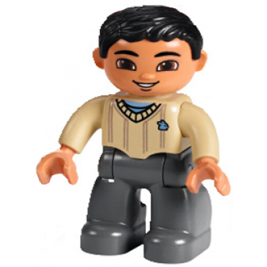 duplo figure lego ville male dark bluish gray legs tan sweater black hair brown eyes