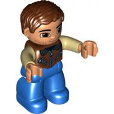 duplo figure lego ville male blue legs reddish brown jacket with zippers tan arms reddish brown hair brown eyes