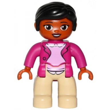 duplo figure lego ville female tan legs magenta jacket and pink blouse pattern black hair brown eyes