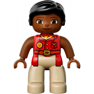 duplo figure lego ville female tan legs red shirt black hair reddish brown arms
