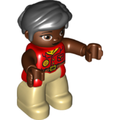 duplo figure lego ville female tan legs red shirt black hair reddish brown arms oval eyes