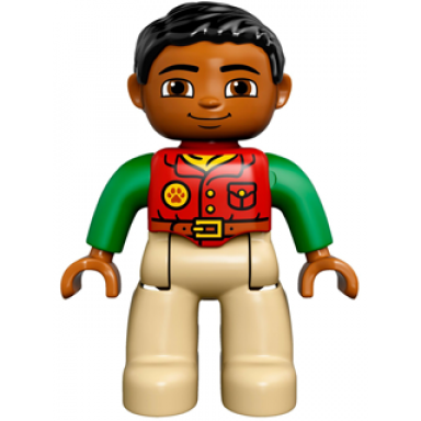 duplo figure lego ville male tan legs red shirt black hair bright green arms