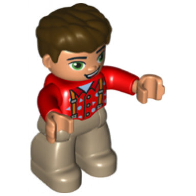 duplo figure lego ville male dark tan legs red top with suspenders dark brown hair