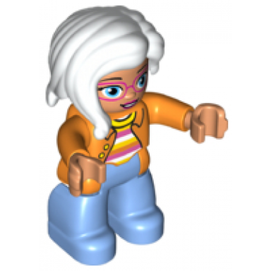 duplo figure lego ville female medium blue legs orange jacket striped sweater white hair