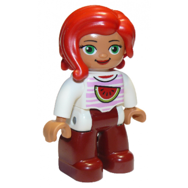 duplo figure lego ville female dark red legs white top with bright pink stripes and watermelon pattern green eyes red hair