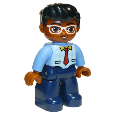 duplo figure lego ville male dark blue legs bright light blue top with medium blue sleeves and tie pattern white glasses black hair