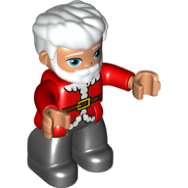 duplo figure lego ville male black legs red top with belt and white fur trim pattern white hair blue eyes and beard santa