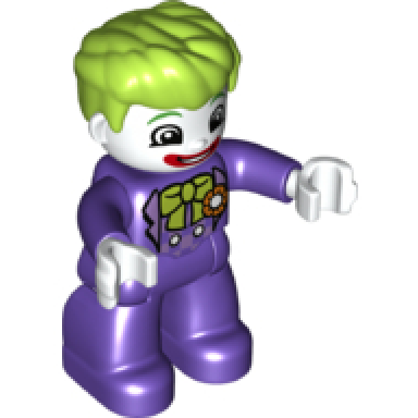 duplo figure lego ville the joker dark purple legs and top white hands white head red lips lime hair