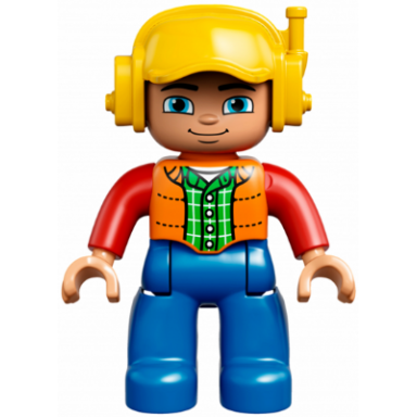 duplo figure lego ville male blue legs orange vest dark green plaid shirt red arms yellow cap with headset
