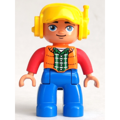duplo figure lego ville male blue legs orange vest dark green plaid shirt red arms yellow cap with headset oval eyes