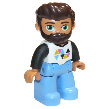 duplo figure lego ville male medium blue legs white top with triangles black arms dark brown hair and beard