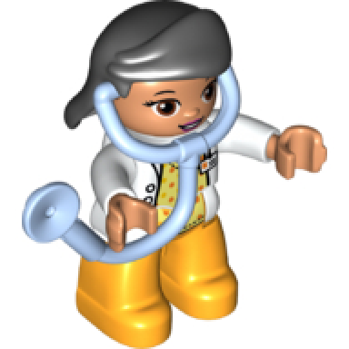 duplo figure lego ville female medic bright light orange legs white top with id badge white arms black hair attached stethoscope