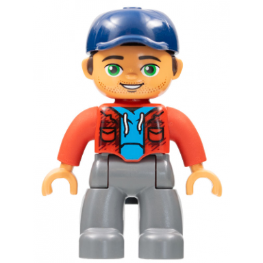 duplo figure lego ville male dark bluish gray legs red jacket medium azure shirt dark blue cap