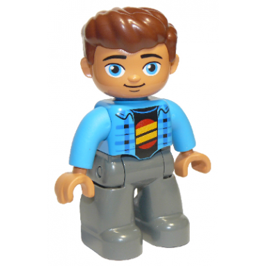 duplo figure lego ville male dark bluish gray legs dark azure jacket black shirt reddish brown hair