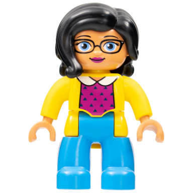 duplo figure lego ville female dark azure legs yellow jacket magenta top black hair
