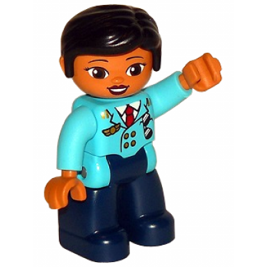 duplo figure lego ville female pilot dark blue legs medium azure top with red tie black hair