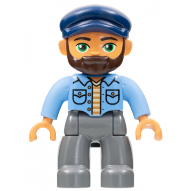 duplo figure lego ville male dark bluish gray legs medium blue shirt dark blue cap beard