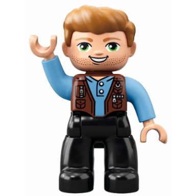duplo figure lego ville male black legs medium blue shirt over reddish brown vest dark tan hair jurassic world owen grady