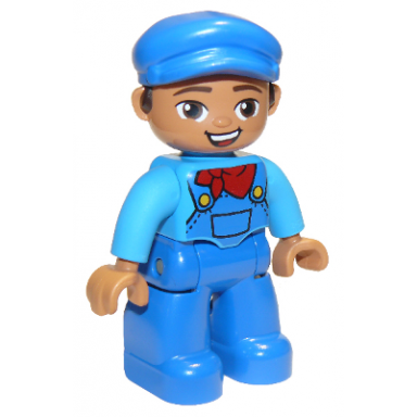 duplo figure lego ville male blue legs dark azure shirt with blue overalls and red neckerchief pattern blue cap