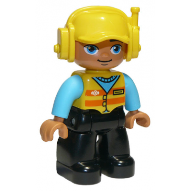 duplo figure lego ville male black legs medium azure shirt yellow safety vest with train logo yellow cap with headset