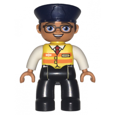 duplo figure lego ville male black legs white shirt yellow safety vest with train logo dark blue hat brown hair and glasses