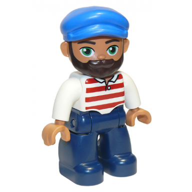 duplo figure lego ville male dark blue legs white shirt with red horizontal stripes blue cap and beard