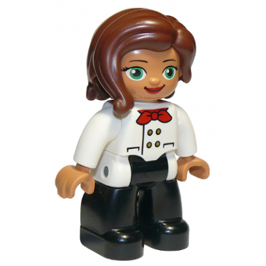 duplo figure lego ville female black legs white chefs top with red scarf and reddish brown hair