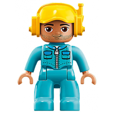 duplo figure lego ville male medium azure legs medium azure jacket with zipper and pockets yellow cap with headset