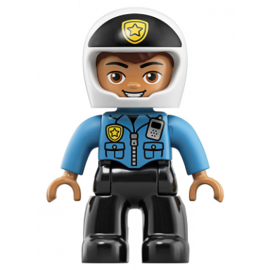 duplo figure lego ville male police black legs dark azure top with badge and radio white helmet with black front and badge