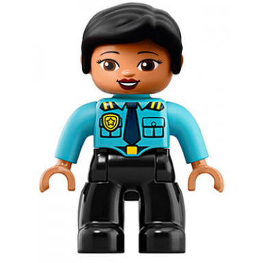 duplo figure lego ville female police black legs medium azure top with badge and epaulettes black hair