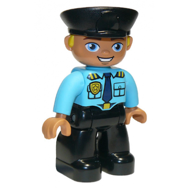 duplo figure lego ville male police black legs medium azure top with badge and epaulettes black hat with yellow hair