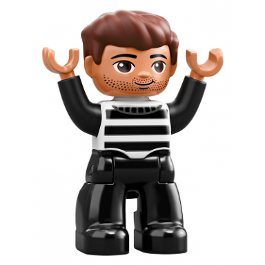 duplo figure lego ville male black legs black and white striped top reddish brown hair prisoner