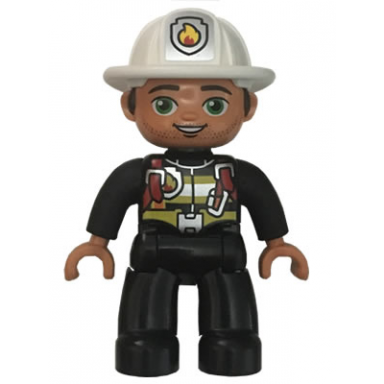 duplo figure lego ville male fireman black legs striped jacket with red safety harness white helmet with silver fire badge green eyes stubble