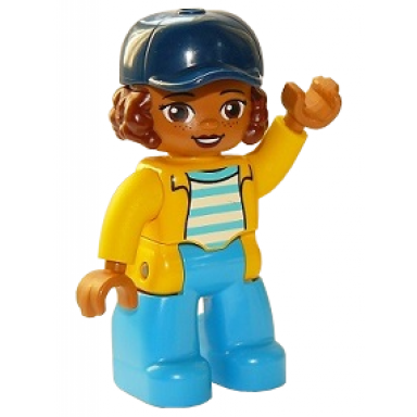 duplo figure lego ville female dark azure legs white top with medium azure stripes and yellow jacket reddish brown hair and dark blue cap