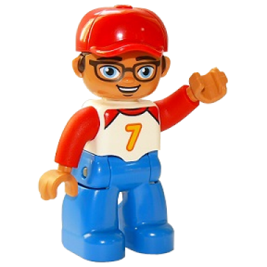 duplo figure lego ville male blue legs white top with number 7 and red arms reddish brown hair red cap